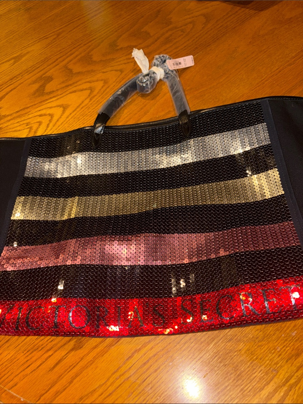 NWT Victoria's Secret Sequined Striped Tote in Black, 21”X13” without straps